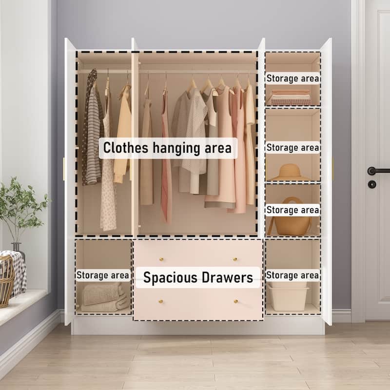 4 Door Wardrobe Large Storage Cabinet Armoire with Mirror and 2 Drawer