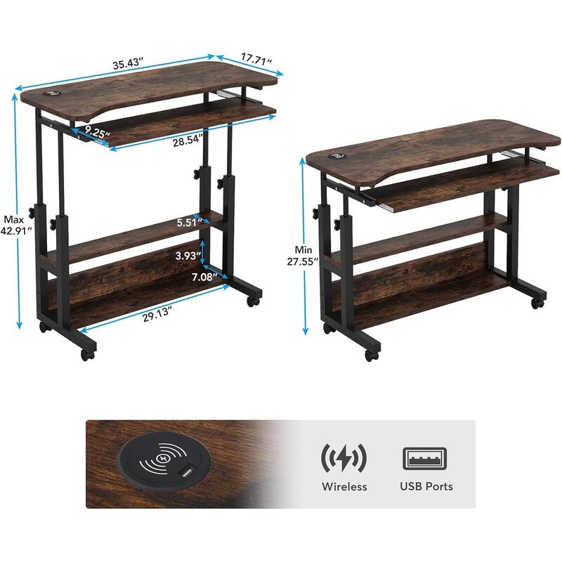 32" Portable Desk with Power Outlets, Height Adjustable Side Table, Rustic Brown.
