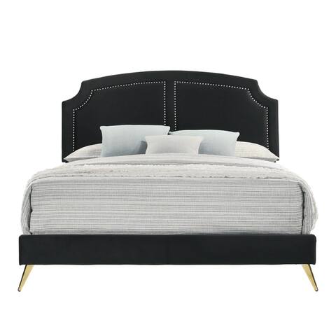 Lily Platform Queen Upholstered Bed, Padded Headboard, Black, Gold