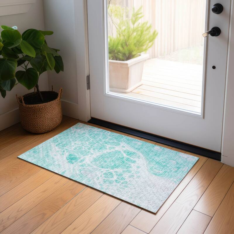 Machine Washable Indoor/ Outdoor Chantille Abstract Contemporary Rug - Aqua - 1'8" x 2'6"