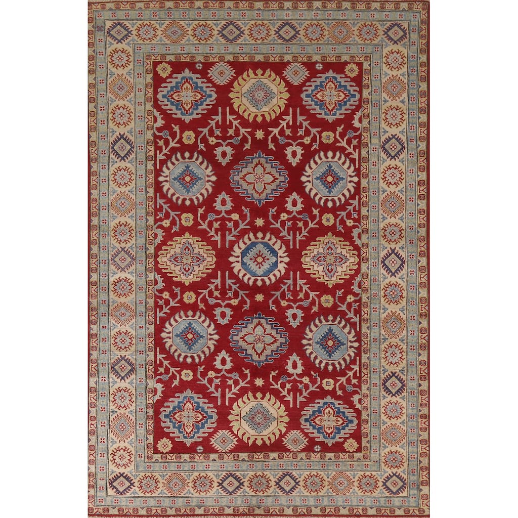 Hand Knotted Oriental 100% Wool Carpet Traditional All-Over Red Kazak Area Rug - 9' 2'' X 5' 11''