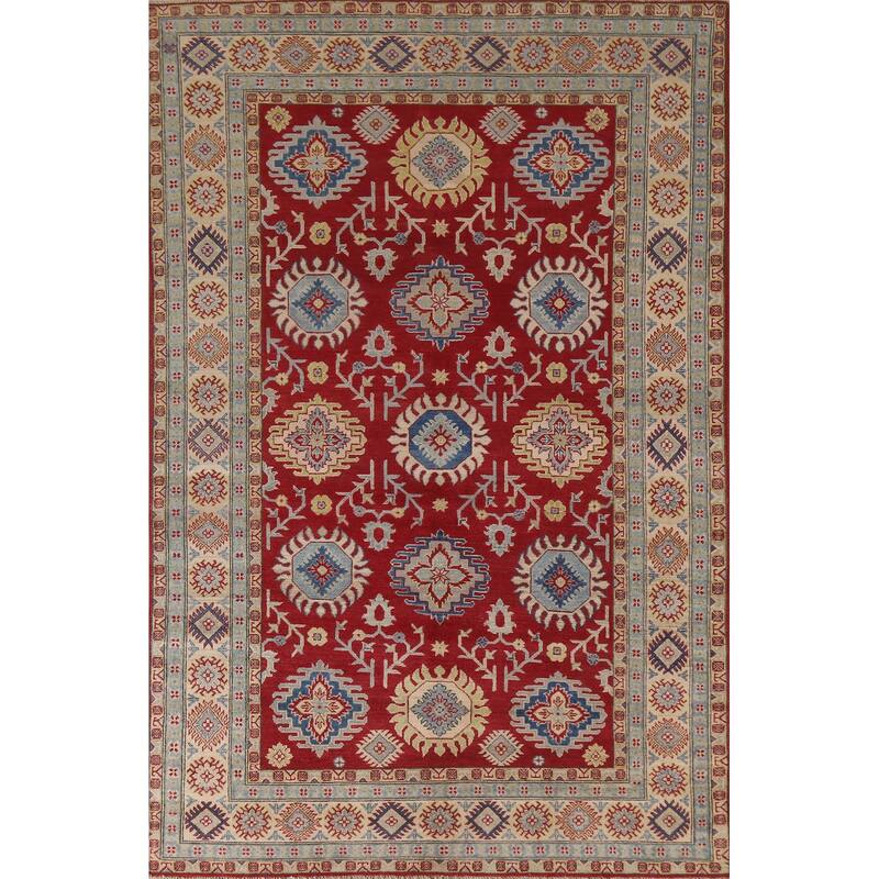 Hand Knotted Oriental 100% Wool Carpet Traditional All-Over Red Kazak Area Rug - 9' 2'' X 5' 11''