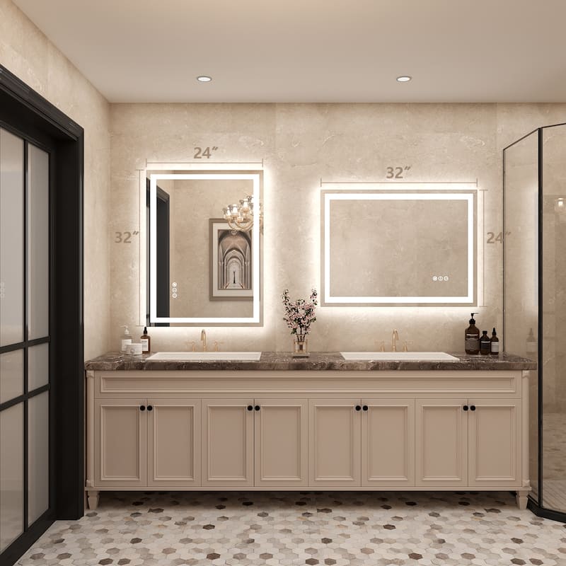 Frameless LED Front Light and Backlit 3 Colors Dimmable Anti-Fog Wall Bathroom Vanity Mirror - 40" x 38"-Square Corner