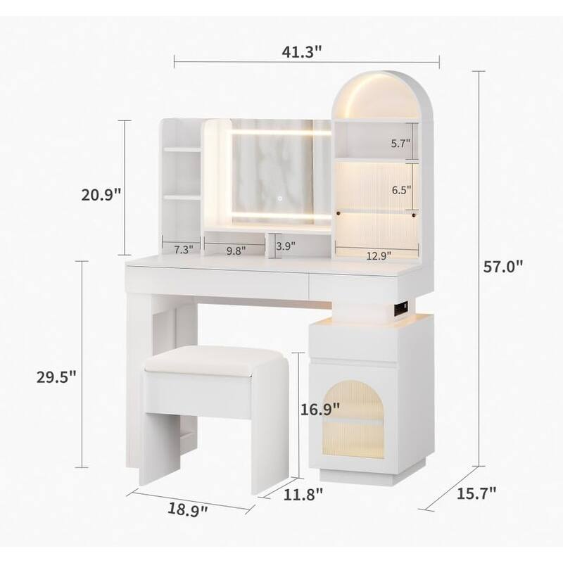 Makeup Vanity with Lighted Mirror, 3 Drawers, 11 Shelves, Storage Stool, Power Outlet