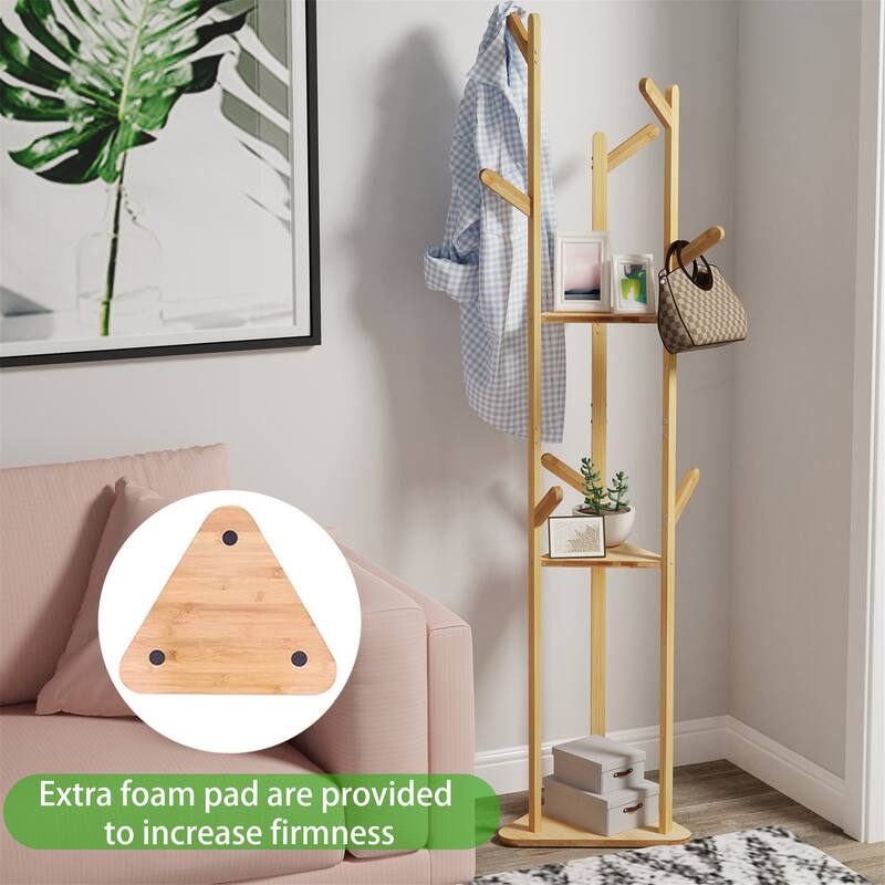 Tree Style Clothes Rack Free Stand with Solid Wood&Hooks Home Bedroom