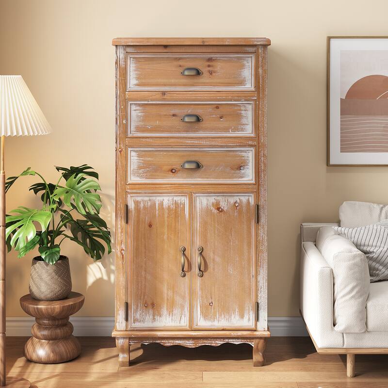 Rustic Wooden Storage Cabinet with Decorative Cutout Door & 3 Drawers, Tall Narrow Organizer for Living Room, Bedroom - Natural Wood