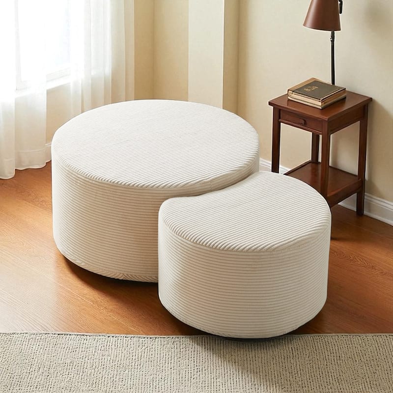 Set of 2 Round Nesting Coffee Tables, Upholstered Corduroy Ottoman Accent Tables, Modern Foam Design, No Assembly - Beige