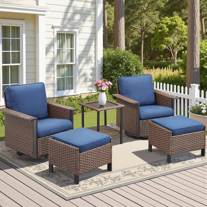 Pocassy Outdoor Wicker 5-Piece Swivel Chair Table with Ottoman - Brown Wicker Blue Cushion - 5-Piece Swivel Chair Table with Ottoman