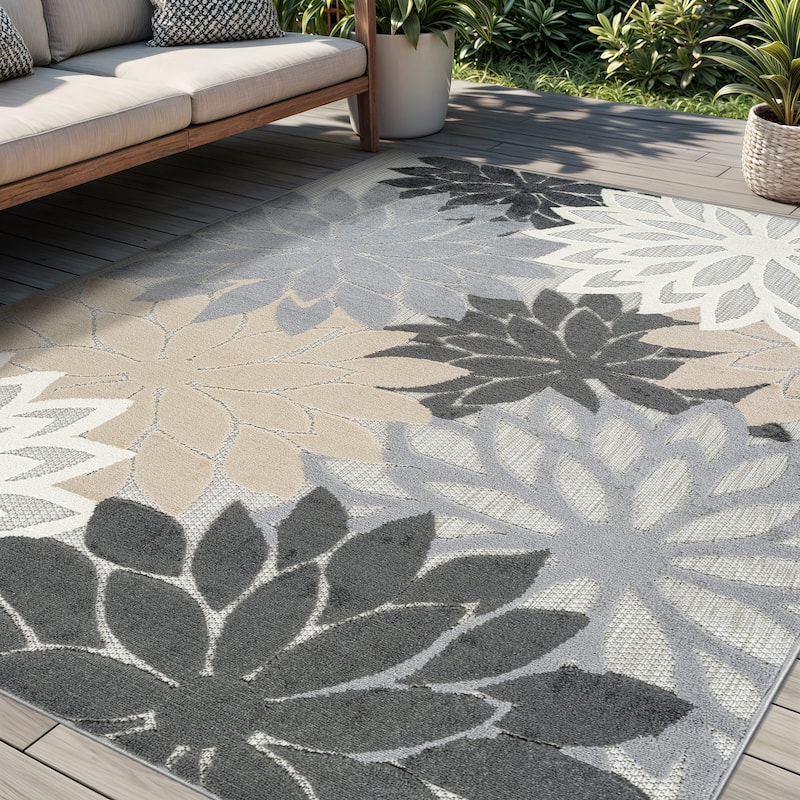 World Rug Gallery Indoor/Outdoor High-Low Textured Area Rug, Floral Easy-Clean Patio Rug