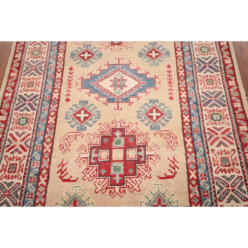 Oriental Kazak Foyer Rug Hand-Knotted Traditional Beige Wool Carpet - 3'4" x 4'7"