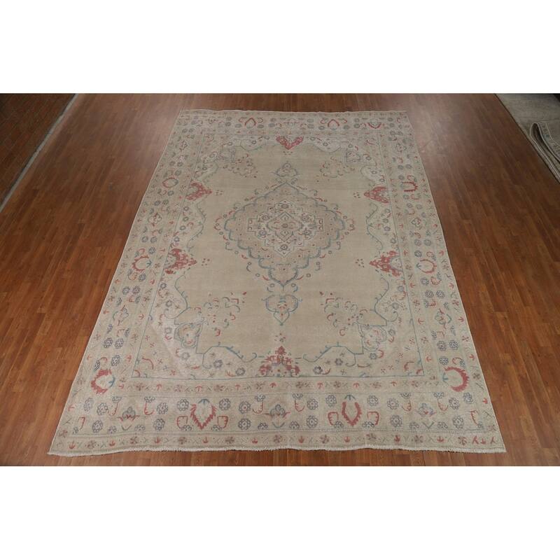Medallion Tabriz Persian Area Rug Hand-Knotted Beige Wool Carpet - 9'2"x 12'8"