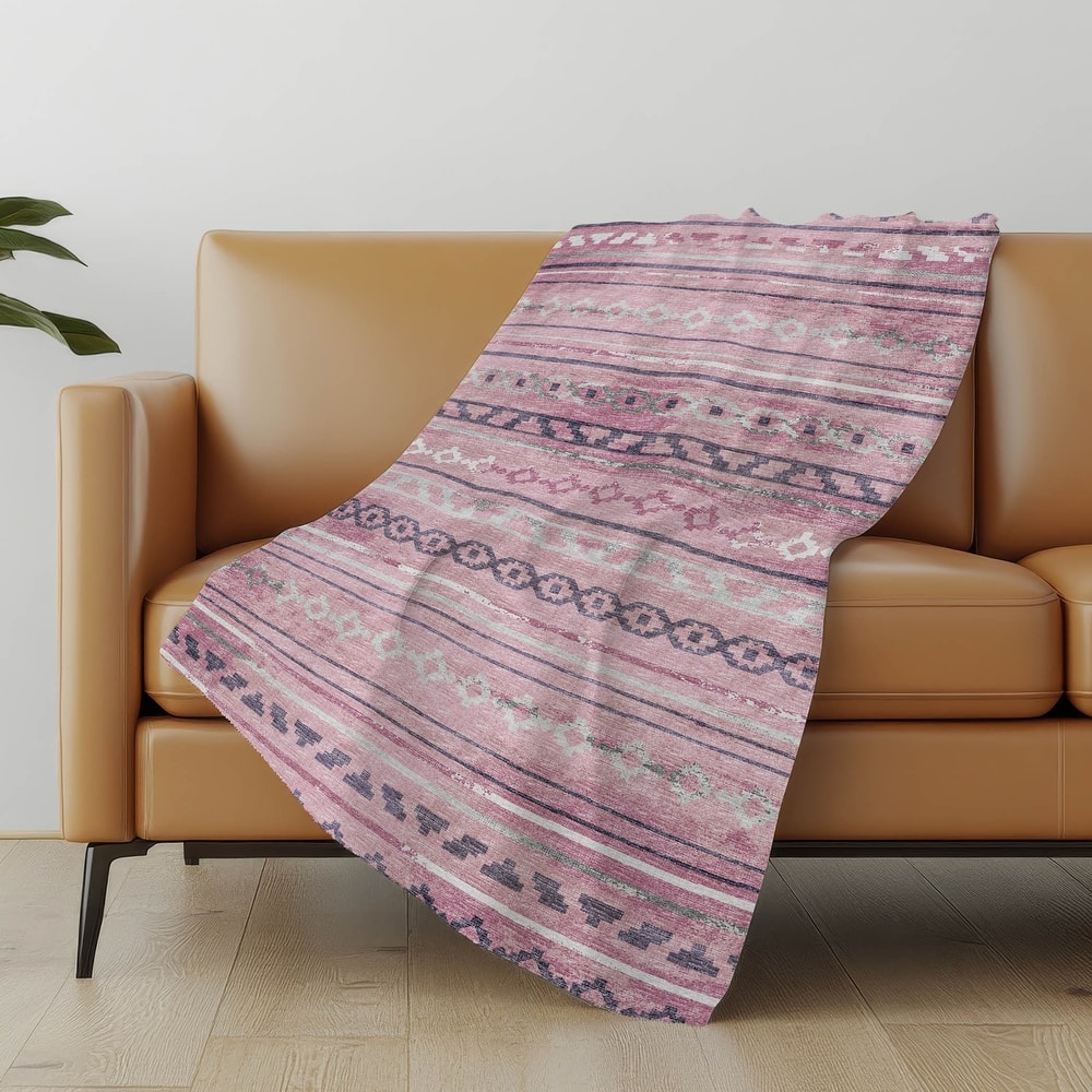 Premium Machine Washable ASB116 Boho Stripes Sherpa Throw Blanket