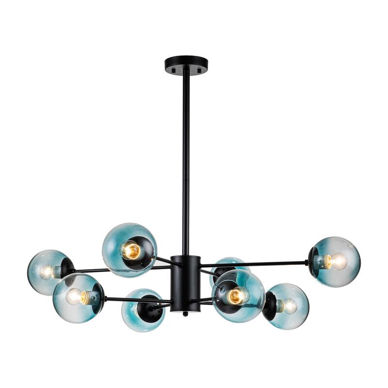8-Light Modern 2-Tier Sputnik Linear Cluster Gradient Blue Clear Glass Globe Bubble Chandelier