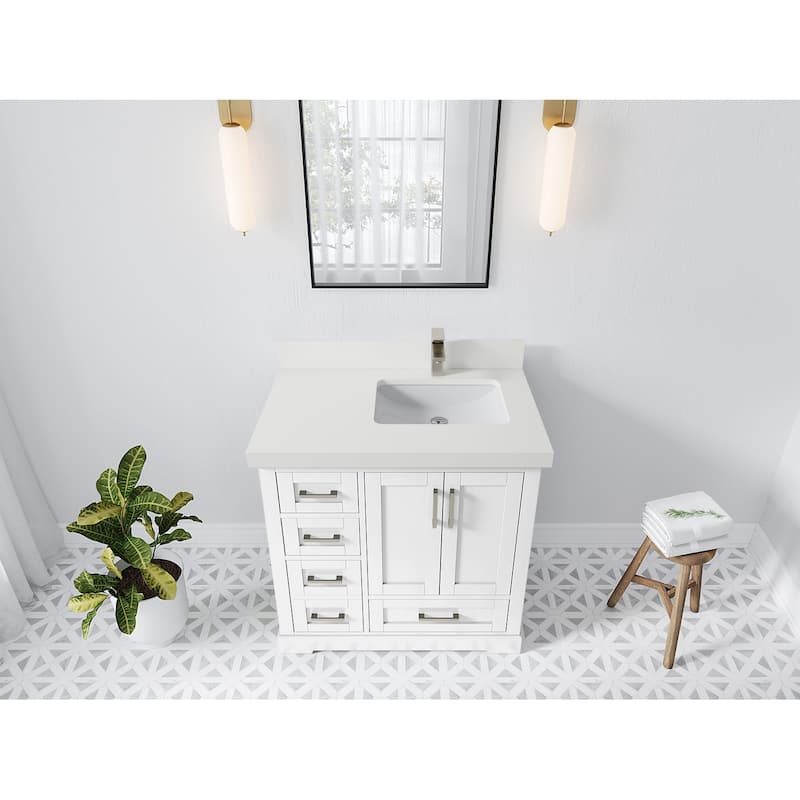 Willow Collections 36 x 22 Boston Right Offset Sink Bathroom Vanity with Quartz or Marble Countertop - 2"White Quartz - White