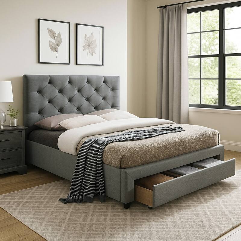Sya King Size Bed w Button Tufted Upholstery, Underbed Storage, Gray