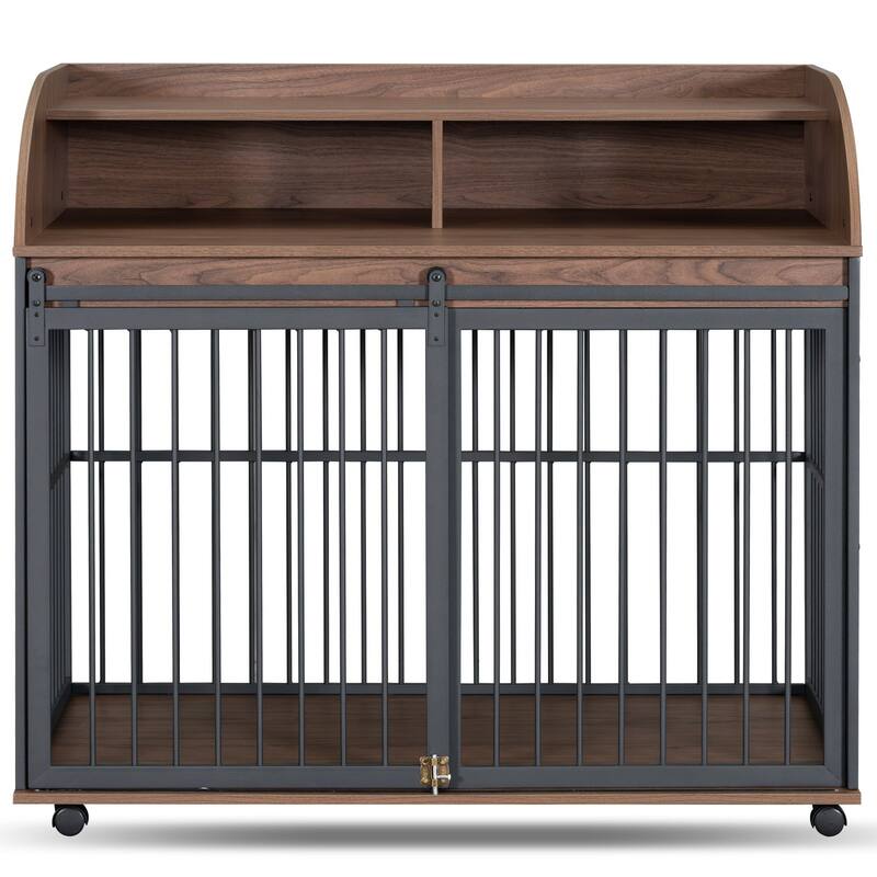 44" Heavy Duty Dog Crate Furniture with Lockable Wheels, Storage & Sliding Door for Medium to Large Dogs