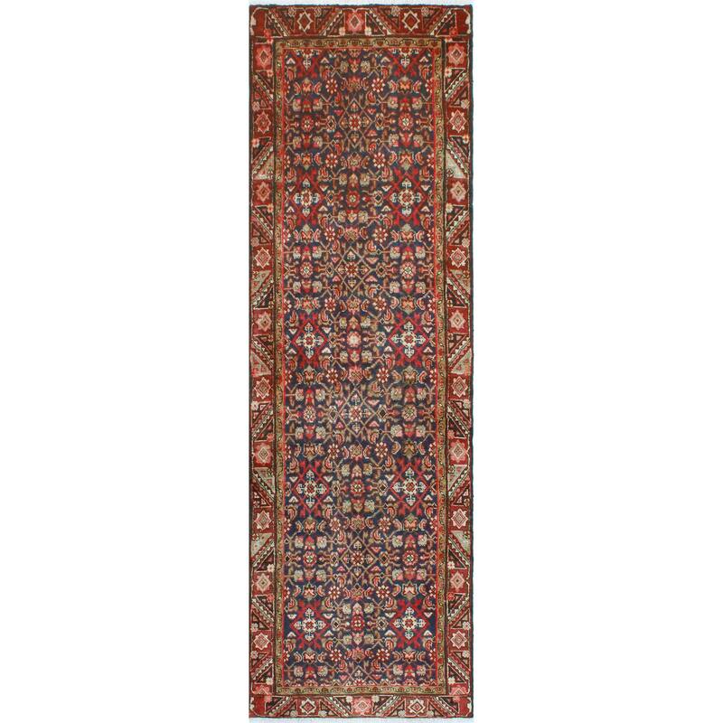 Fine Vintage Distressed Meriem Navy/Burgundy Runner - 3'3" x 9'11"