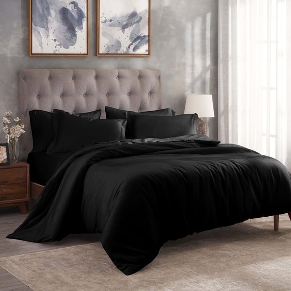 Egyptian Cotton Solid Duvet Cover Set - Black - Full - Queen