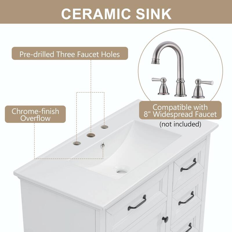36" Bathroom Vanity with Sink, Tip-out Drawers & Soft-Close Door Hinges