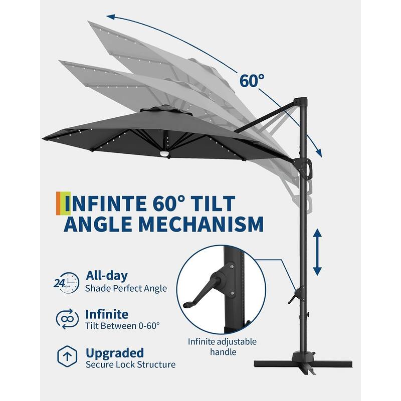 10FT Outdoor Cantilever Umbrella Patio Umbrella Solar LED with Base Included, 360-Degree Rotation