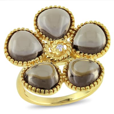 Miadora 12 1/2ct TGW Smokey Quartz and Diamond Floral Ring in Yellow Plated Sterling Silver