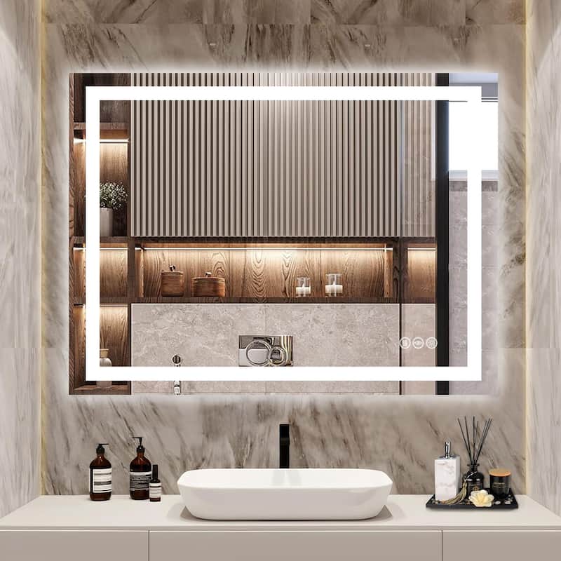Extra Large LED Bathroom Mirror Anti-Fog Tempered Wall Vanity Mirror with Double Light Strip, Dimmable, UL-Listed
