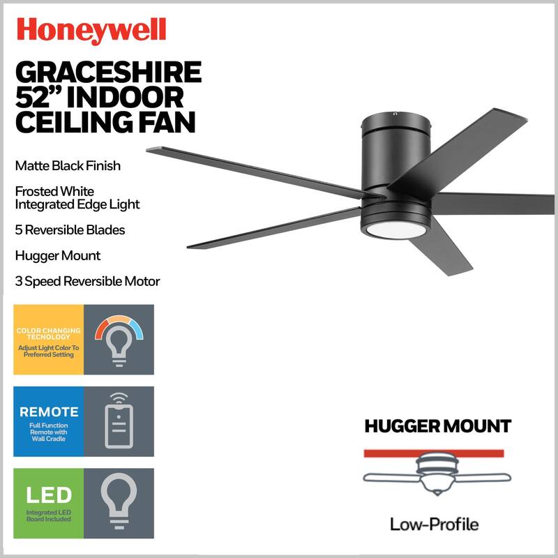 52" Honeywell Graceshire Contemporary Ceiling Fan with Color Changing LED Light, Remote Control, Flush Mount, Dual Finish Blades