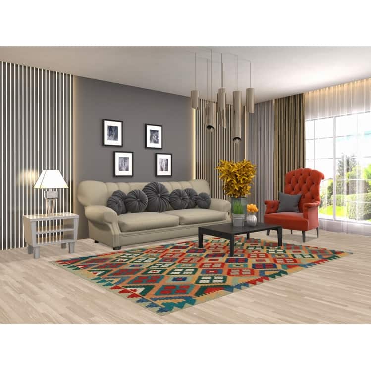 Hand Woven Oriental 100% Wool Carpet Southwestern Geometric Multi-Colored Kilim Area Rug - 8' 3'' X 5' 7''