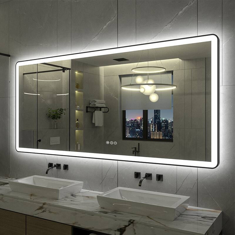 KIOTEE Rectangular Framed Front & Back LED Lighted Anti-Fog Tempered Glass Bathroom Vanity Mirror with ETL and 3-Year Warranty - 60x28