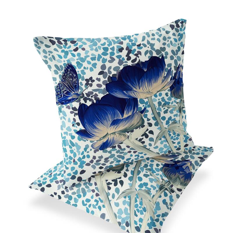 HomeRoots Set of Two 16" X 16" Blue and Off White Butterfly Blown Seam Floral Indoor Outdoor Throw Pillow