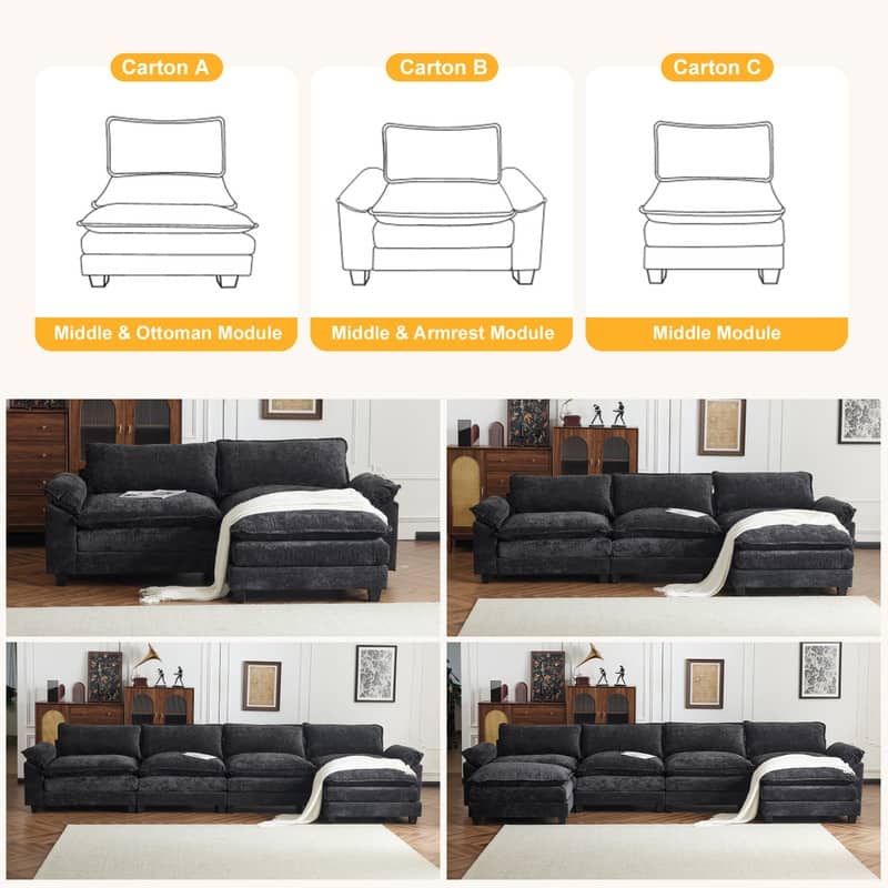 Double Layer Cushion Cloud Couch, Moludar Sofa With Reversible Ottoman For Living Room