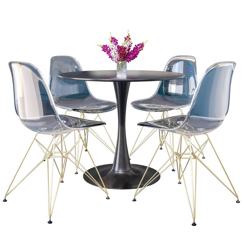 5-Piece Dining Set with 35" Round MDF Table and 4 ABS Plastic Side Chair with Gold Metal Legs - Clear