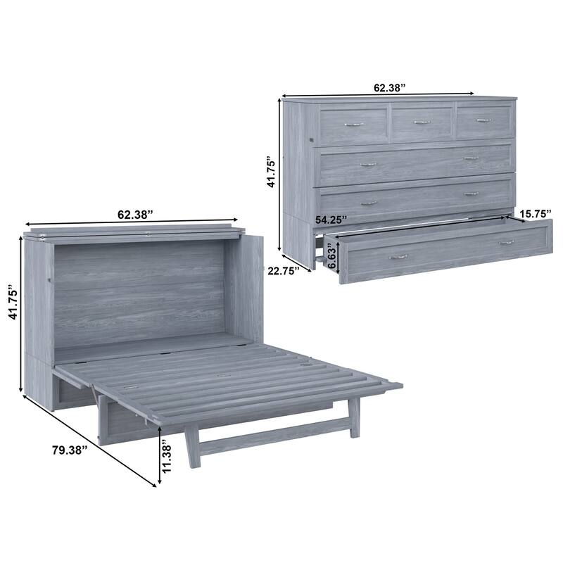 Deerfield Queen Murphy Bed Chest with 6" Mattress, Storage Drawer & Built-In Charger in Driftwood