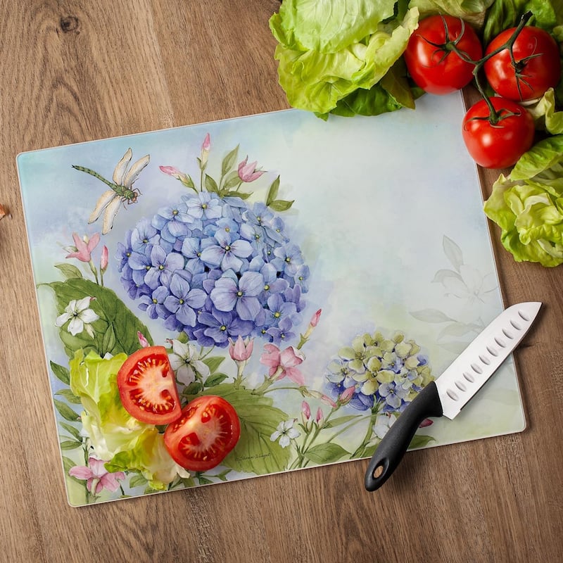 Nature's Grace Dragonfly Hydrangea 3mm Heat Tolerant Tempered Glass Cutting Board 15” x 12” Made in the USA Dishwasher Safe