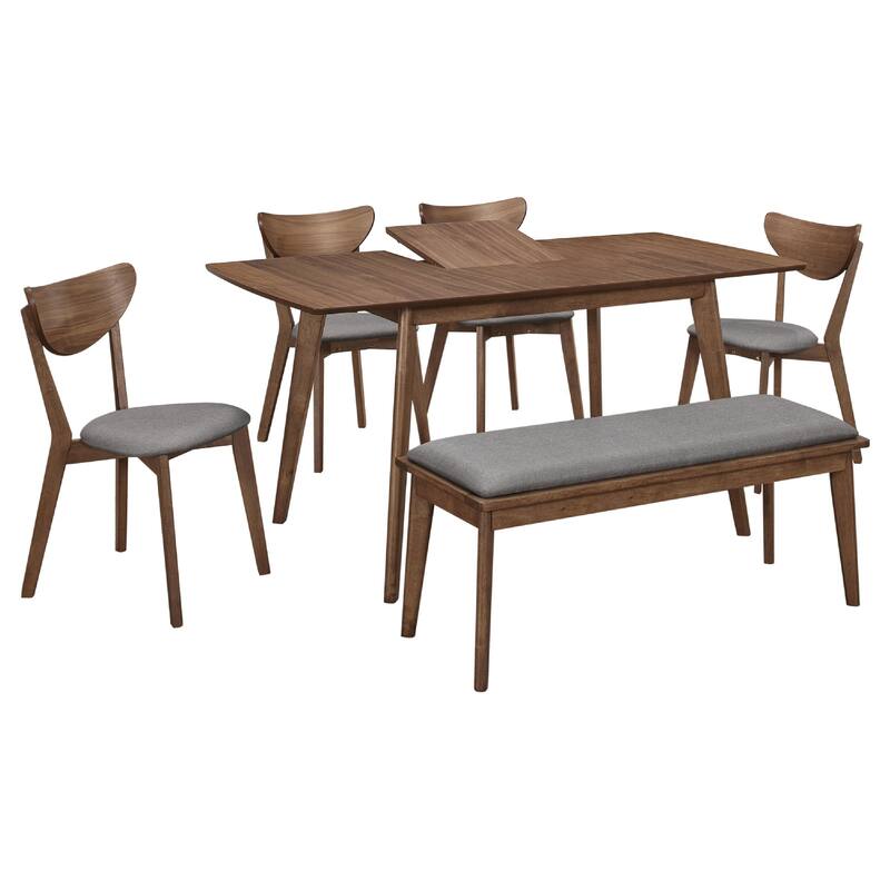 Relo 6pc Extendable Dining Table, Bench, 4 Chairs, Walnut Brown and Gray