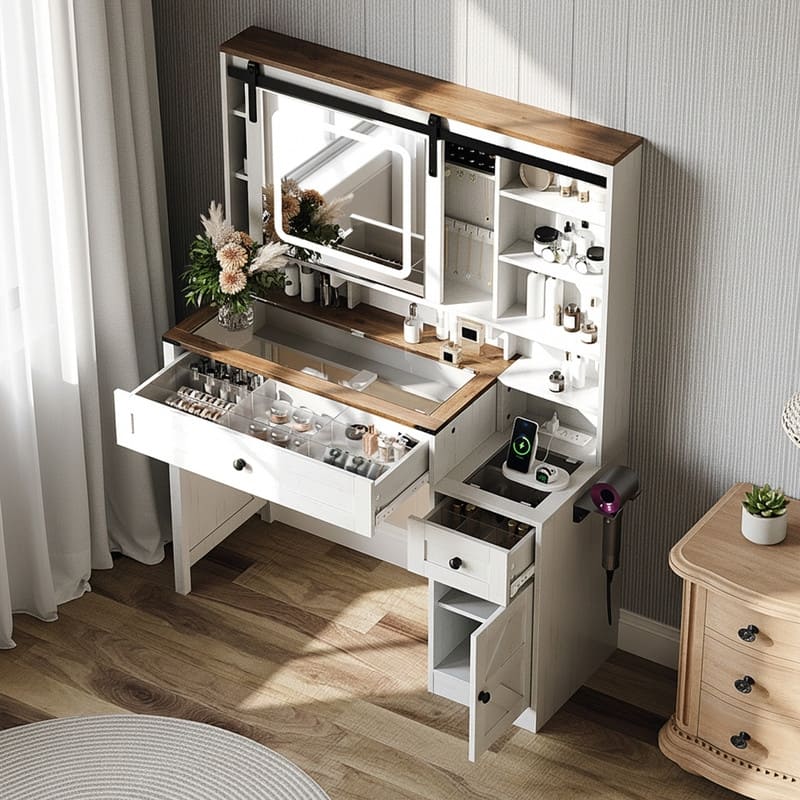 Particle Board, Melamine Veneer, 2 Drawers and 1 Door, Glass Desktop, Barn Door Style Dressing Table - N/A