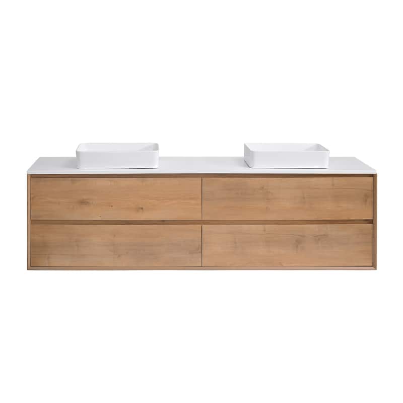 Sylphar 84 inch Toffee Oak Floating Bathroom Vanity with White Quartz Top - Rectangle Sink Style