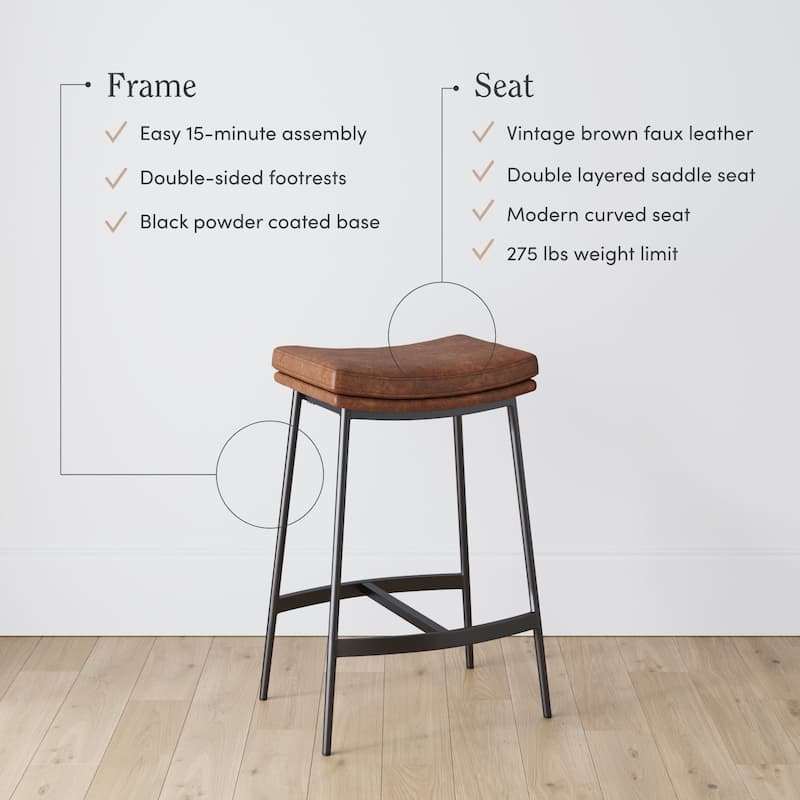 Nathan James Arlo Modern Backless Upholstered Kitchen Counter Bar Stool with Saddle Seat and Metal Base
