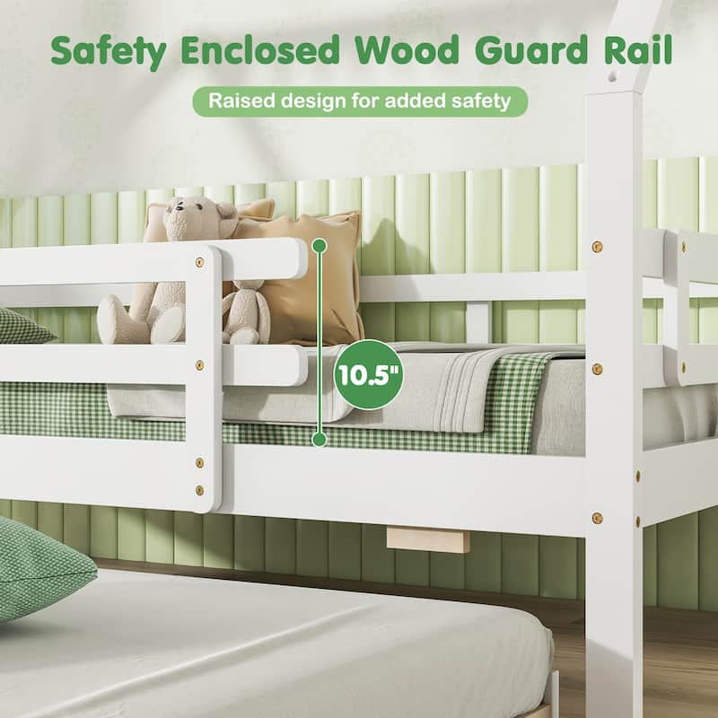 Gymax Twin Size House Bed w/ Trundle Wooden Kids Bed w/ Safety Rails &
