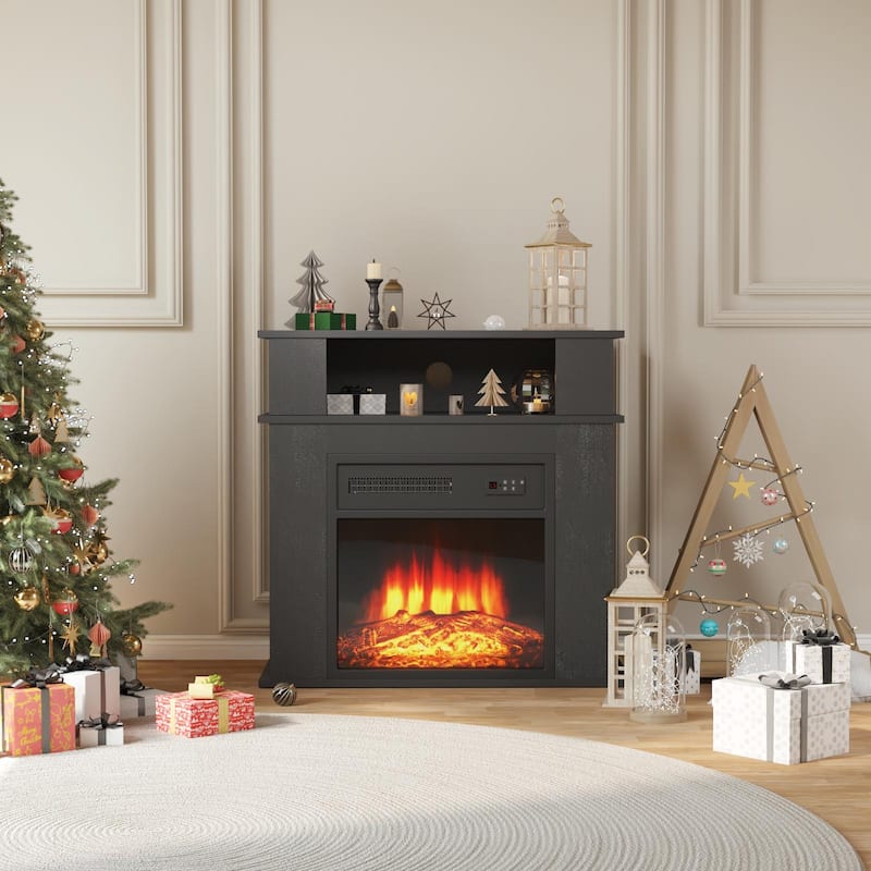 BOSSIN 28" Electric Fireplace with Mantel, 18 inch Electric Fireplace Insert,Freestanding Mantel Fireplace with Storage Shelf