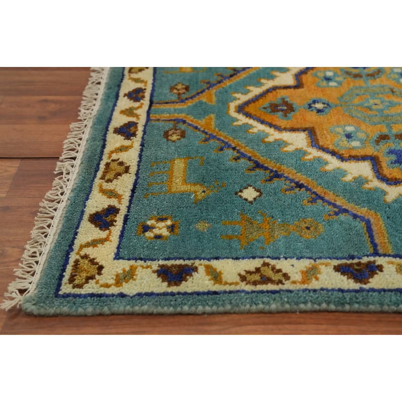Hand-knotted Traditional Wool Blue Geometric Oriental Area Rug - 9' 9'' X 2' 5''