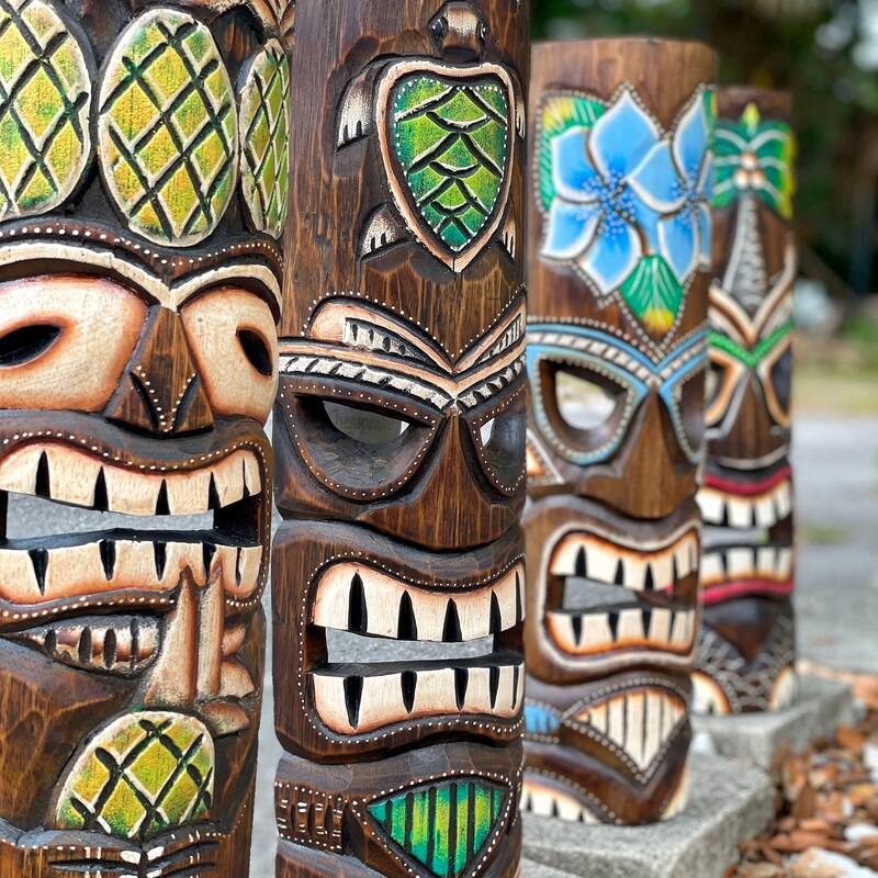 Set Of 4 Hand-Carved 20" Tiki Wall Masks Tropical Hawaiian Decor