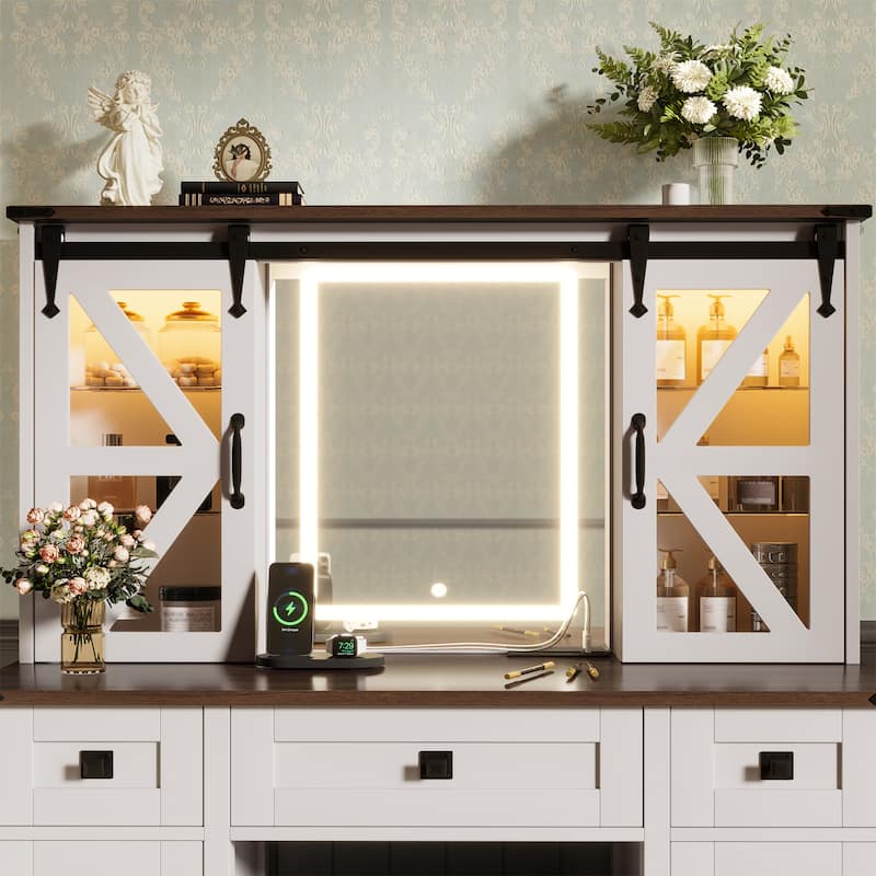 43.3" Farmhouse Vanity Set with LED Mirror & Charging Station