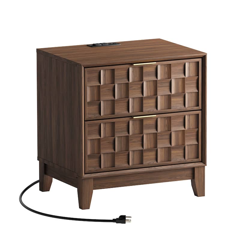 22" Modern Nightstand with Charging Station & 2 Drawers - Compact Bedroom Side Table​