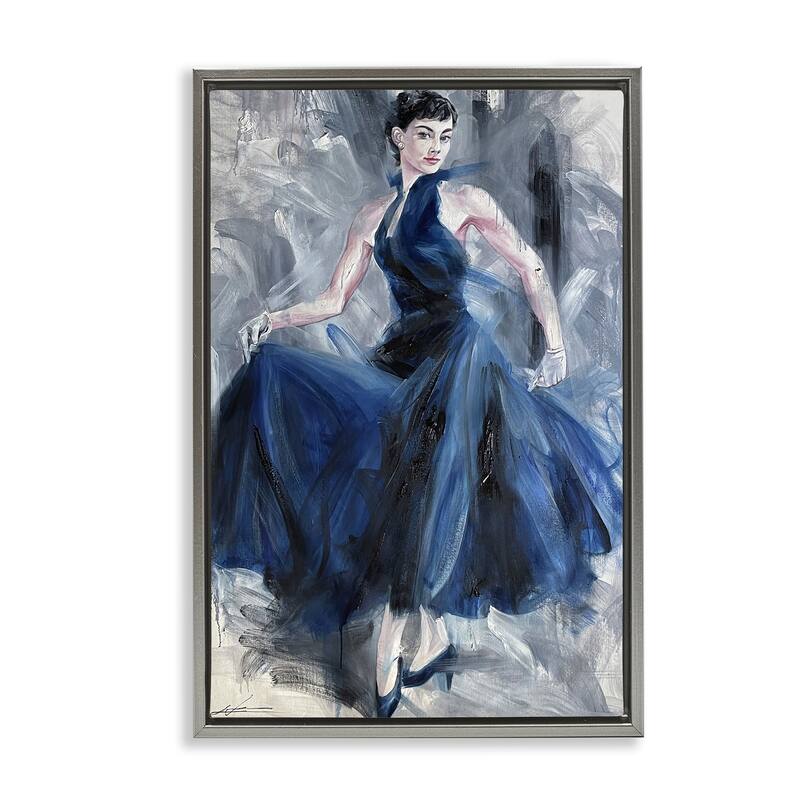 Stupell Stylish Woman in Blue Dress Framed Floater Canvas Wall Art Design By Lucille Lee - 21 x 31 - Grey