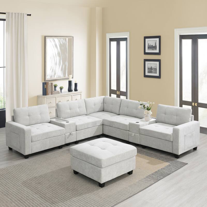 Chenille U Shaped Couch Set w/2 Consoles,USB, Storage Drawers, Pockets