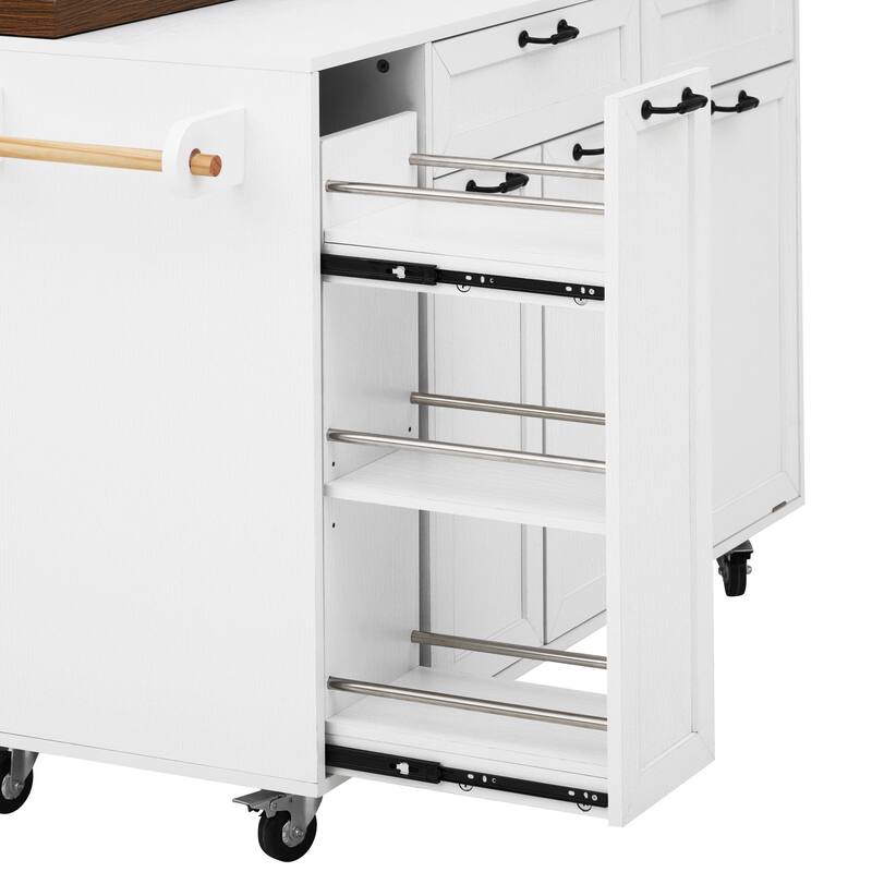Mobile Kitchen Cart with Pull Out Dining Table Storage Drawers and Spice Rack