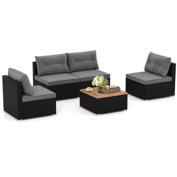 slide 2 of 6, 5 Piece Rattan Sofa Set with Seat and Back Cushions for Backyard Black & Gray