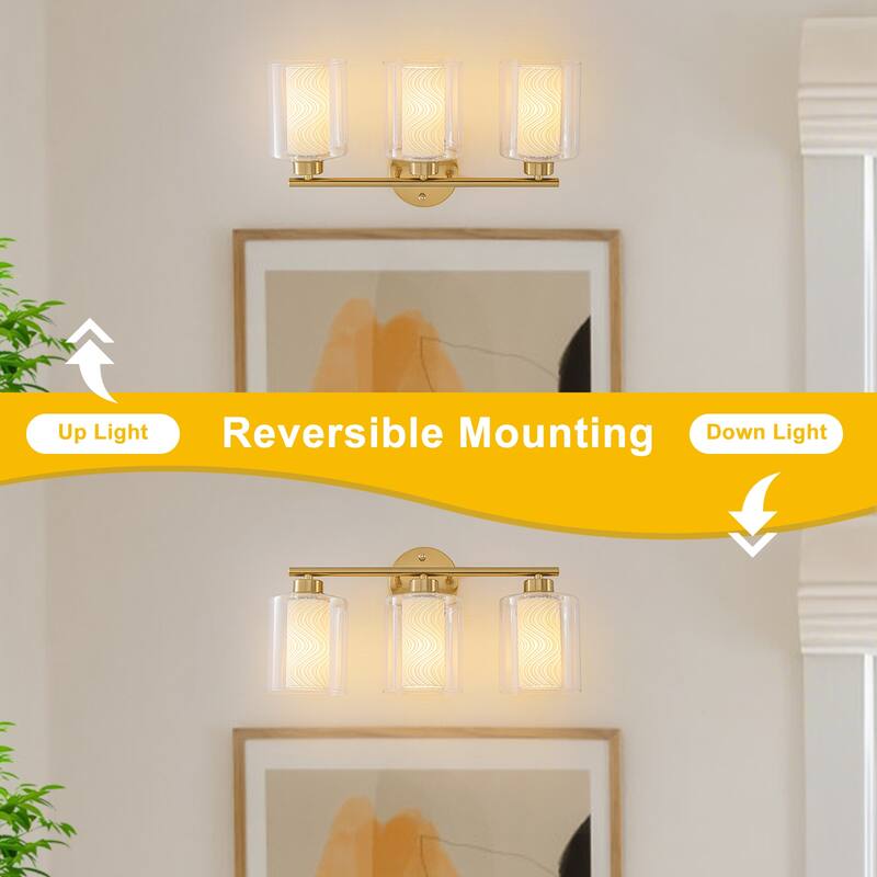 Modern Gold Vanity Light with Double Cylinder Shades Bathroom