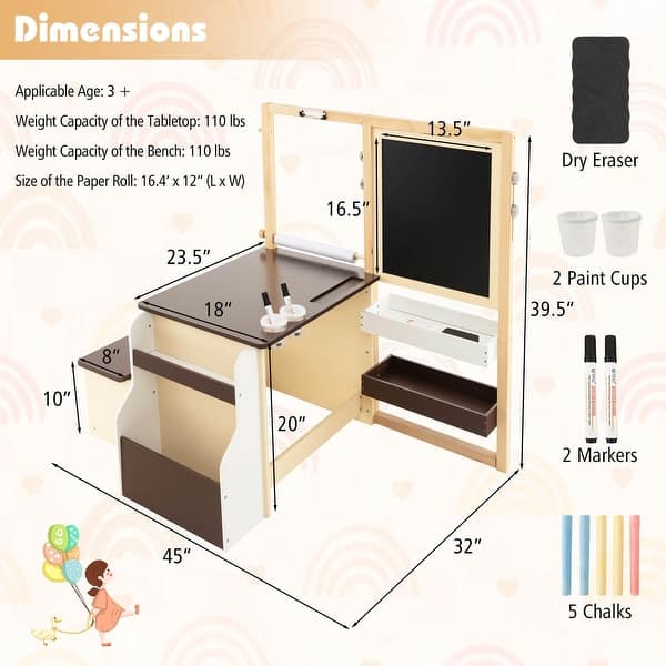 dimension image slide 1 of 3, Kids Art Center Wooden Table Bench Set - 45" x 32" x 39.5"